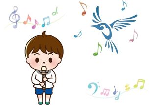 Illustration of person playing flute with a bird and music notes surrounding