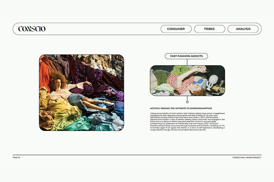 A person with curly brown hair is lying down amidst a large pile of colorful clothes. Next to this image is a smaller one showing someone lying on the floor surrounded by various discarded items like clothes, a mannequin head, and plastic bottles. The text below the smaller image discusses "FAST-FASHION ADDICTS" and their overconsumption habits.