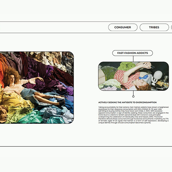 A person with curly brown hair is lying down amidst a large pile of colorful clothes. Next to this image is a smaller one showing someone lying on the floor surrounded by various discarded items like clothes, a mannequin head, and plastic bottles. The text below the smaller image discusses "FAST-FASHION ADDICTS" and their overconsumption habits.