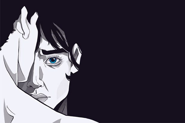 Line drawing of man's head from behind with woman's face, with anxious expression, looking over his shoulder towards viewer