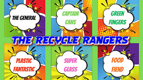 A list of the superhero team names for Waste Awareness Week: The General, Captain Cans, Green Fingers, Plastic Fantastic, Super Glass, and Food Fiend