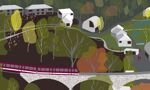 A depiction of a woodland with a train passing through it