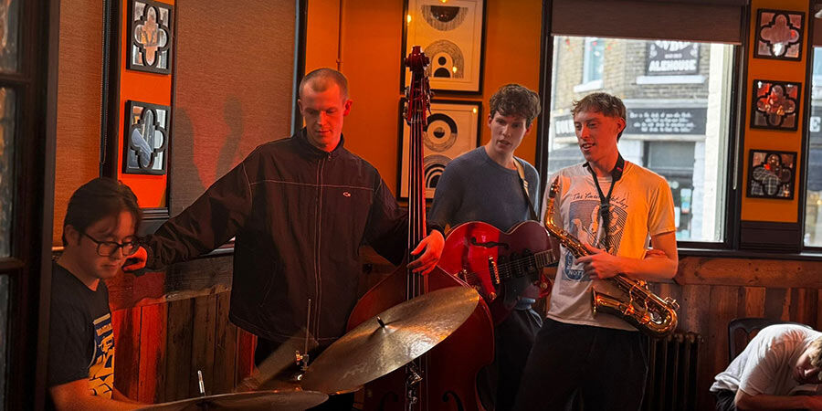 Pictured: (l-r) Graduates Dominic Johnson, Nick Manz, Ollie Canham and Reuben-James Gilbert performing at The Magnet Pub in Broadstairs, one of the Jazzfest venues.