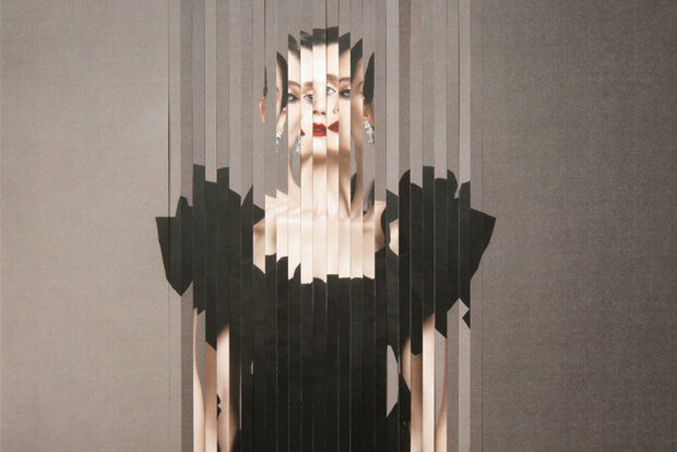 Photo of woman in black dress sliced vertically multiple times and rearranged