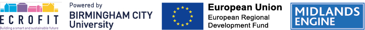 Logos for Ecrofit, Birmingham City University, ERDF and Midlands Engine