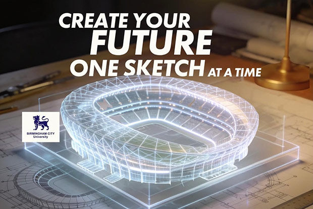 Outline of a stadium with text "Create your future one sketch at a time" and the BCU logo