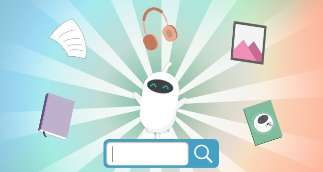 The library bot standing on the library search box