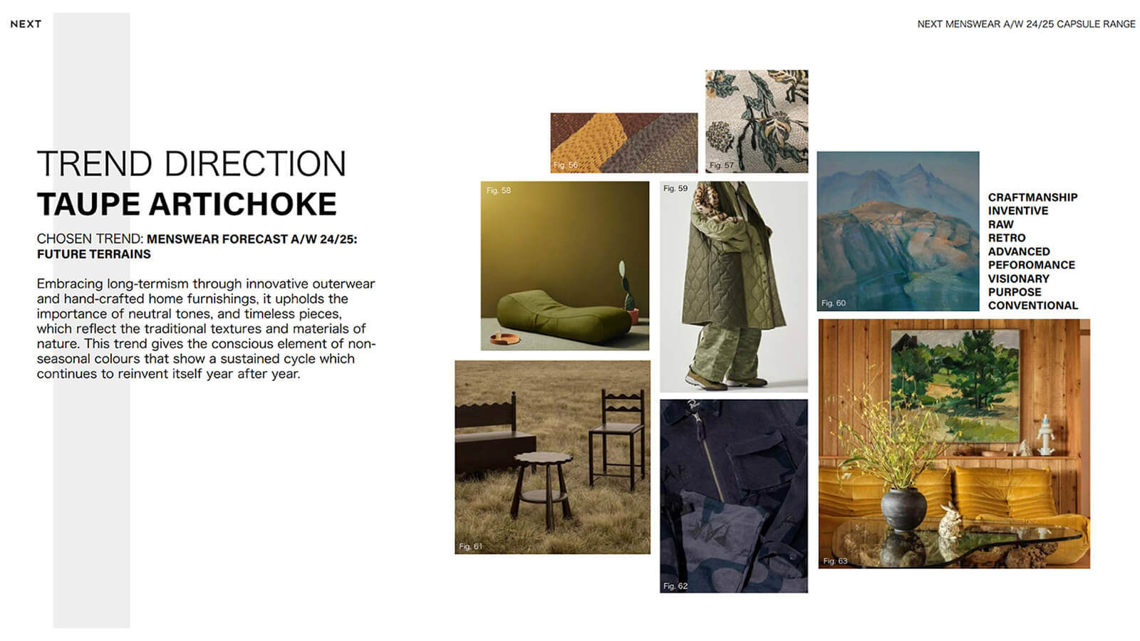 A mood board displaying menswear trends for Autumn/Winter 2024/25, featuring the color palette "Taupe Artichoke," key terms like "Craftmanship" and "Raw," and images showcasing the style direction