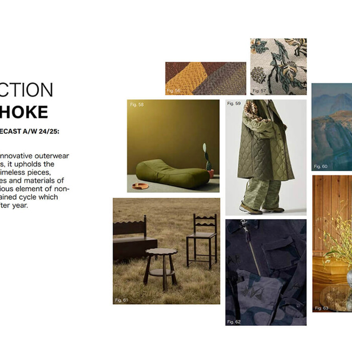 A mood board displaying menswear trends for Autumn/Winter 2024/25, featuring the color palette "Taupe Artichoke," key terms like "Craftmanship" and "Raw," and images showcasing the style direction