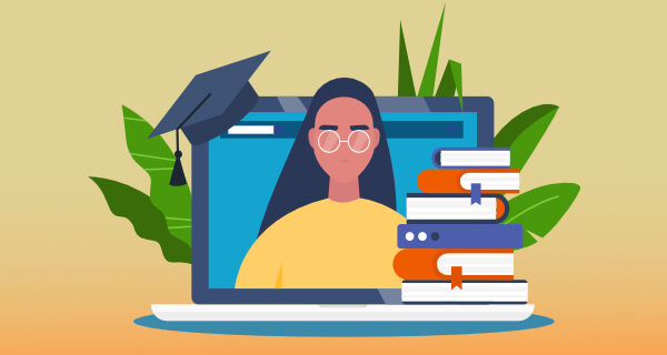 A student pops out of a laptop with a stack of books