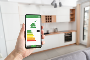 Photo of person holding a mobile phone that show energy rating on screen