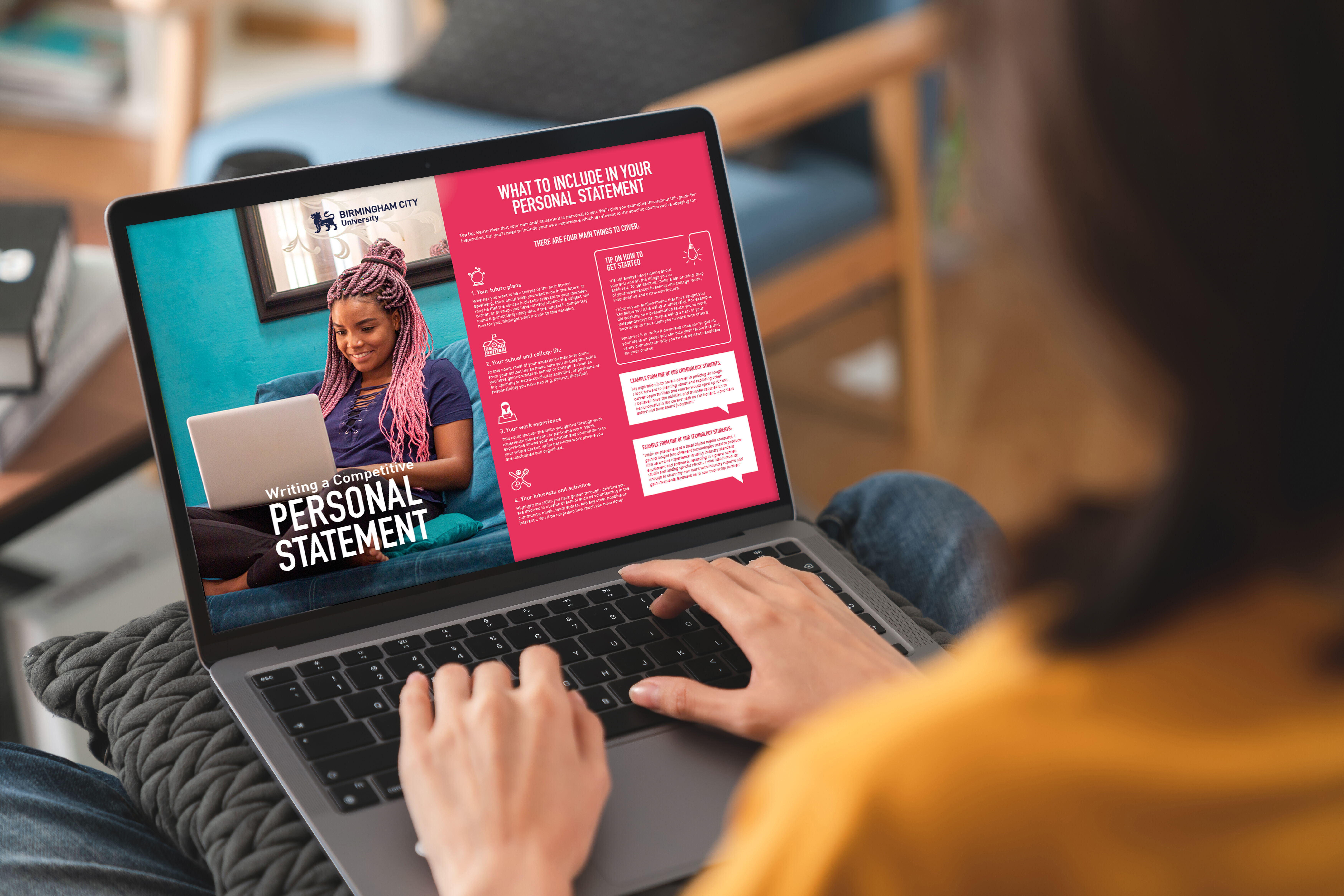 Woman looks at laptop with personal statement guide on screen