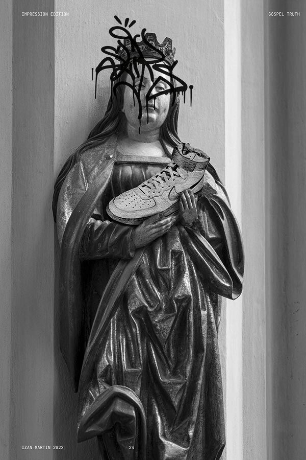 Graphic design student work - statue with graffiti over face holding a trainer