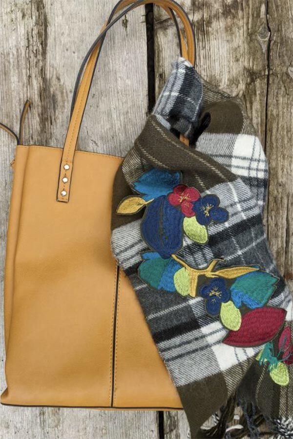Handbag with embroidered tartan scarf from MA Textile and Surface Design