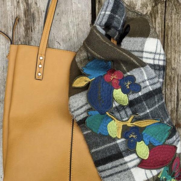 Handbag with embroidered tartan scarf from MA Textile and Surface Design