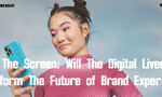 A young person with bright pink eyeshadow looks at a light blue smartphone in their hand. The text in the foreground asks, "Beyond The Screen: Will The Digital Lives Of Gen Z Transform The Future of Brand Experiences?" The background is a light blue and grey mottled color.