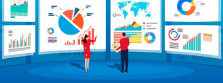Cartoon image of large dashboard with man and woman looking at graphs