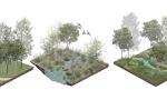 Three little blocks of nature showing different ways water and trees can hang out together, like a forest with a path, a stream flowing through plants, and a river with grassy edges.