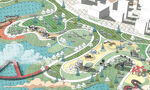 A bird's-eye cartoon drawing of a fun park by the water with paths, trees, playgrounds, and even a hot air balloon!