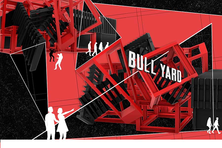 Artwork of stairs in different directions with Bull Yard sign