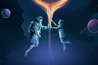 Illustration of astronaut and girl floating in space