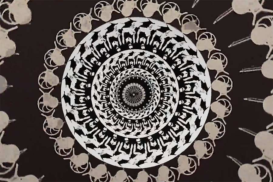 A mesmerizing black and white image featuring a kaleidoscopic pattern. The design is composed of repeating motifs that radiate outwards from a central point