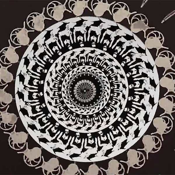 A mesmerizing black and white image featuring a kaleidoscopic pattern. The design is composed of repeating motifs that radiate outwards from a central point