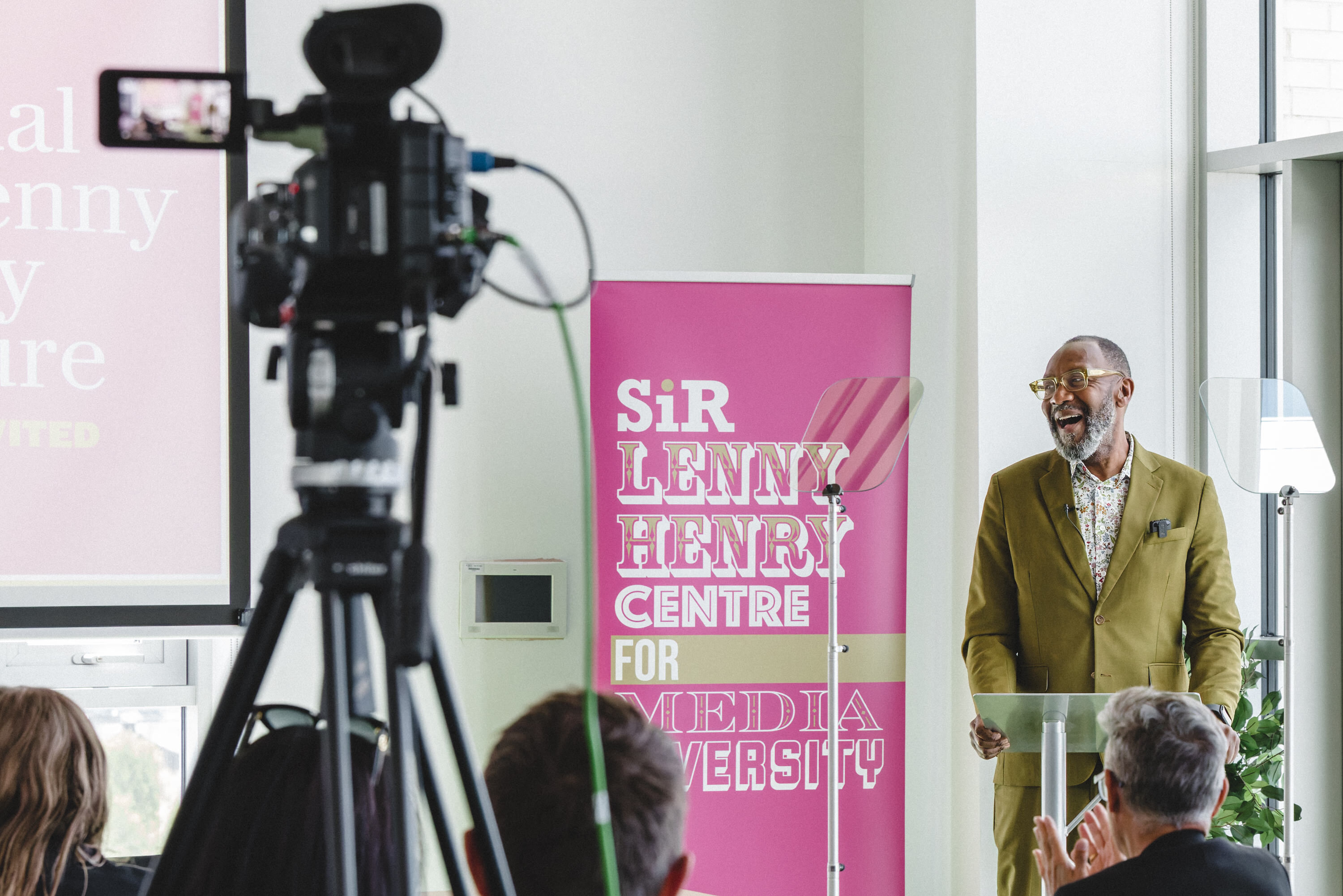Lenny Henry delivering lecture