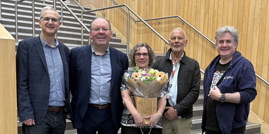 Pictured (l-r): Former Vice-Principal Paul Bamborough, Principal Stephen Maddock, Administrative Officer Judy Francis, Former Principal David Saint and Director of Undergraduate Music Studies Duncan Fielden.