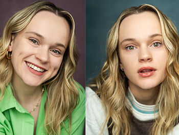 Two images of Kate Humbles side by side playing different roles
