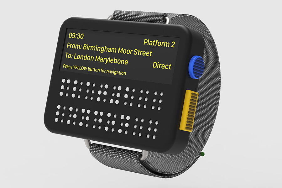 Braille watch showing platform number for a train from Birmingham to London