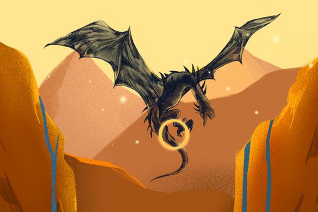 Illustration of a dragon in flight above mountains