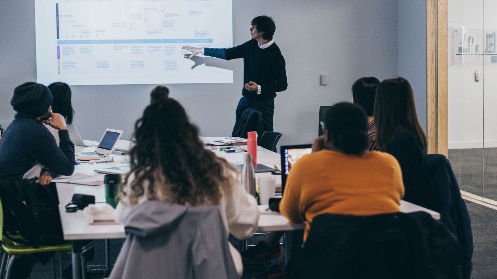 A lecturer explaining something on a projector