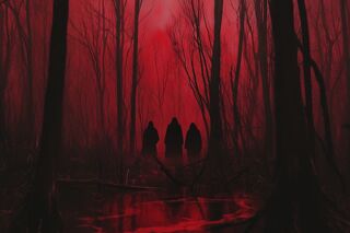 Animation of 3 figures in cloaks stood in a red sky forest