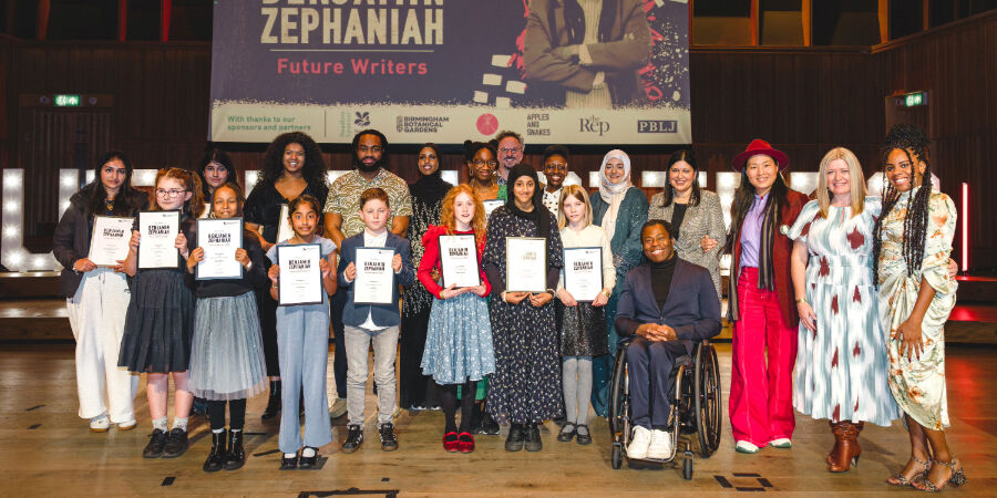 Qian Zephaniah and BCU Chancellor Ade Adepitan pictured alongside award winners and judges. 