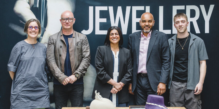 Rebecca Skeels (Course Director, BA Jewellery and Objects), Lee Lapthorne (Head of College Jewellery, Fashion and Textiles), Shabana Mahmood MP, Vice- Chancellor David Mba and Toby Williams