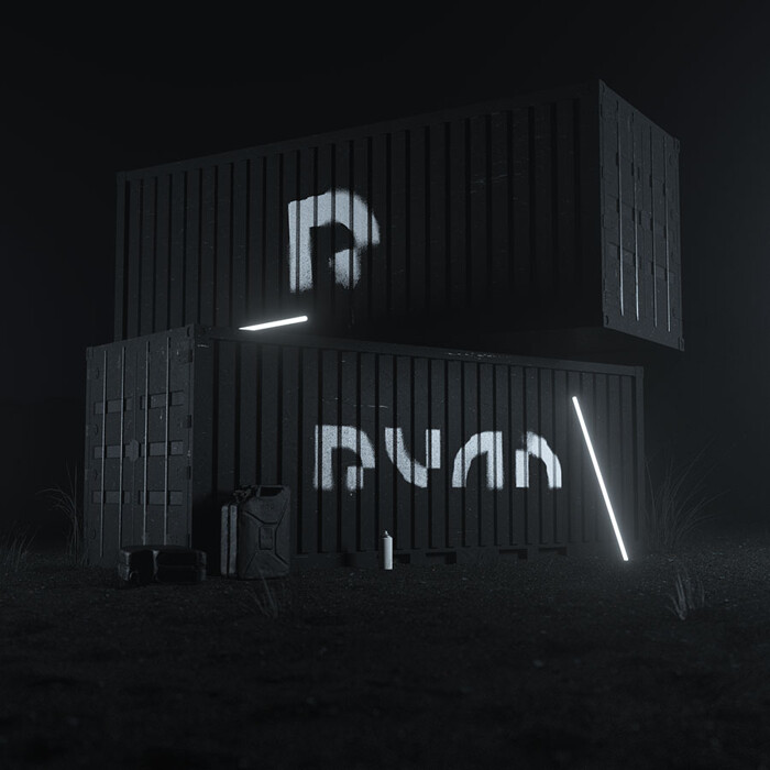 Graphic design student work - Two black shipping containers stacked in the dark with lettering on the side
