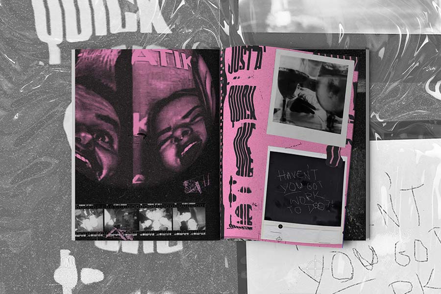 Graphic design student work - open magazine with distorted images and text "Haven't you got work to do?"