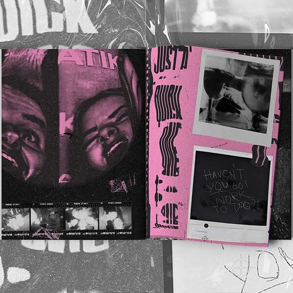 Graphic design student work - open magazine with distorted images and text "Haven't you got work to do?"