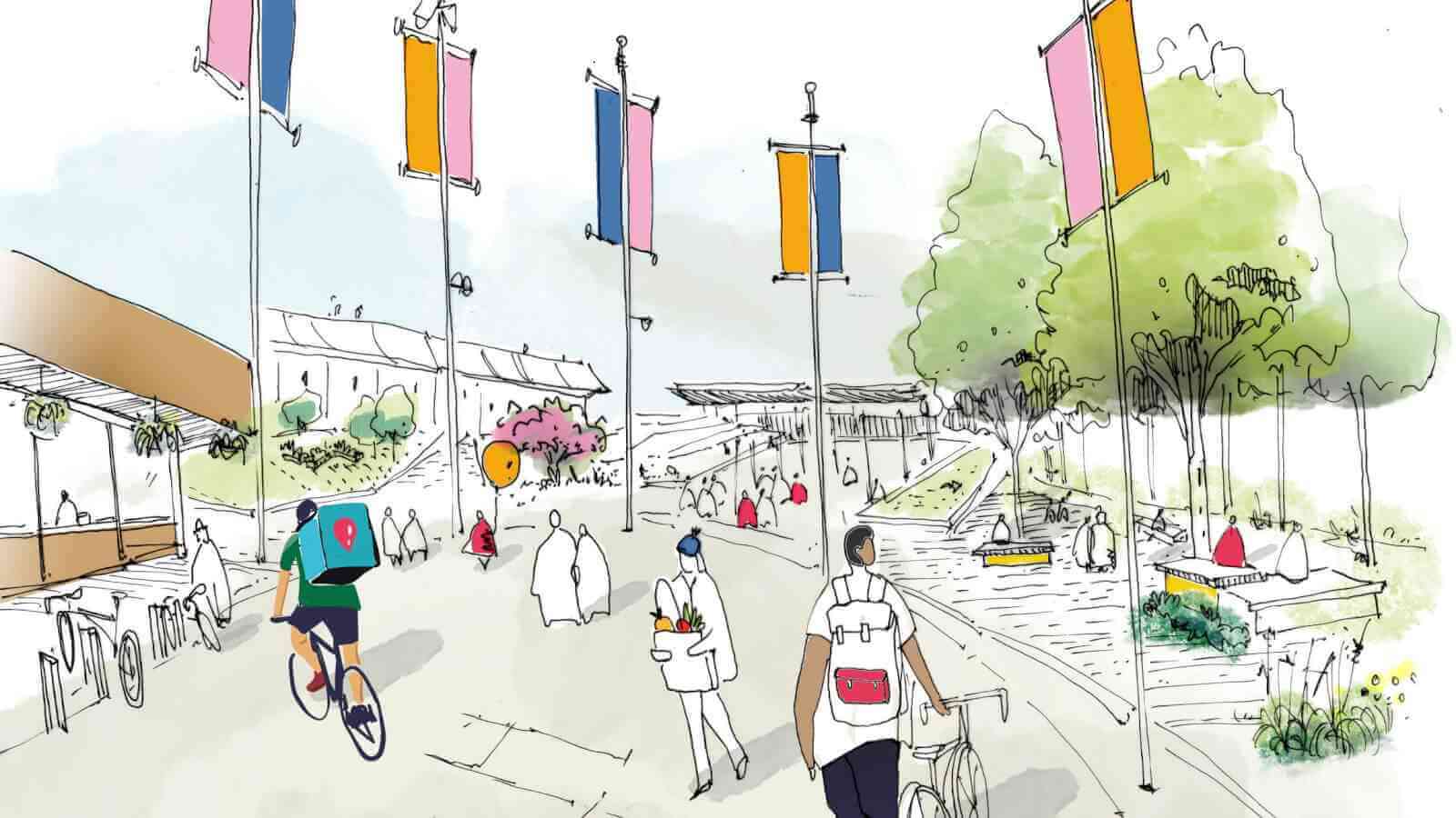 A depiction of people walking or riding bicycles through a park