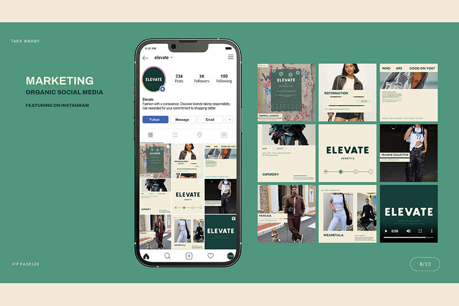 Mockup of an Instagram brand profile ("Elevate") with example posts showcasing their social media marketing.