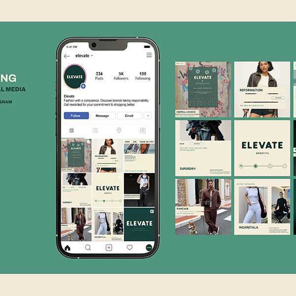 Mockup of an Instagram brand profile ("Elevate") with example posts showcasing their social media marketing.