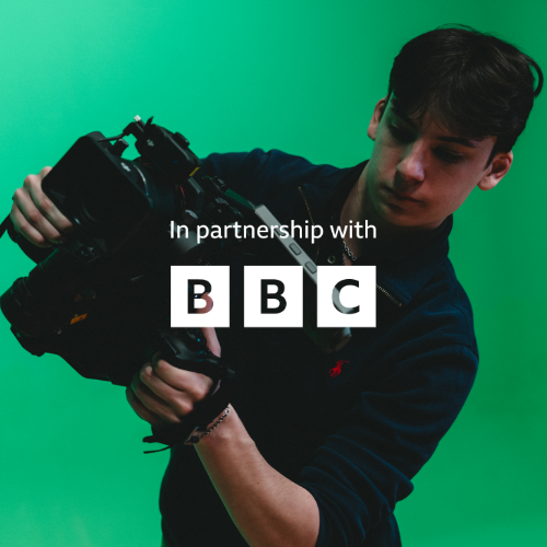 A student uses a camera in a green screen studio. A logo over the top reads - in partnership with BBC