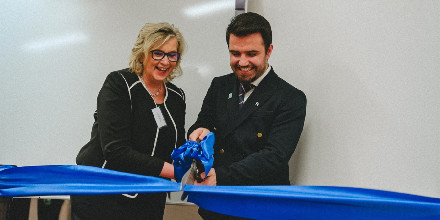 BCU honorary doctorate and Chair of Birmingham Law Society, Dr Eileen Scholfield, and BCUSU President, Shoukat Mehsud, officially opening the Law Clinic