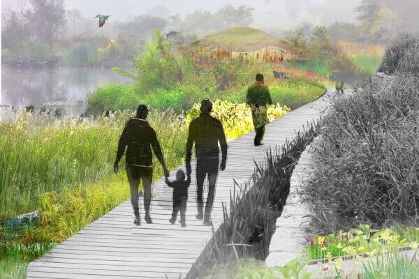 A marsh with a bridge crossing it