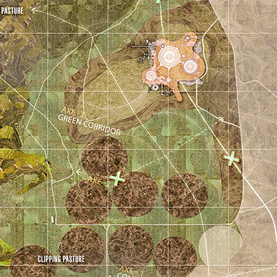 A section of a map showing different land areas like "Winter Pasture," "Green Corridor," and "Clipping Pasture," marked with some symbols.