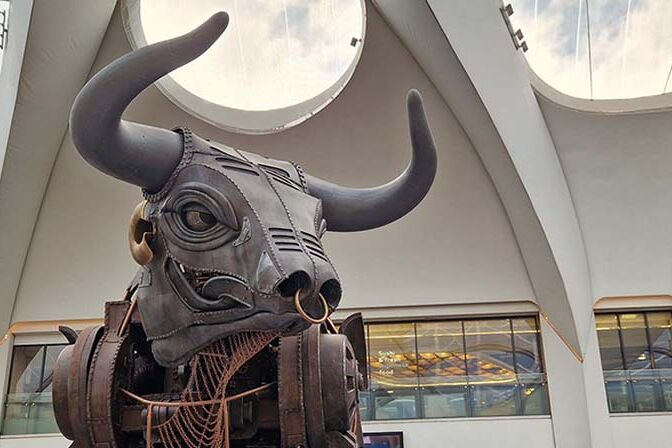 Ozzy the Bull, a large mechanical bull, in New Street station