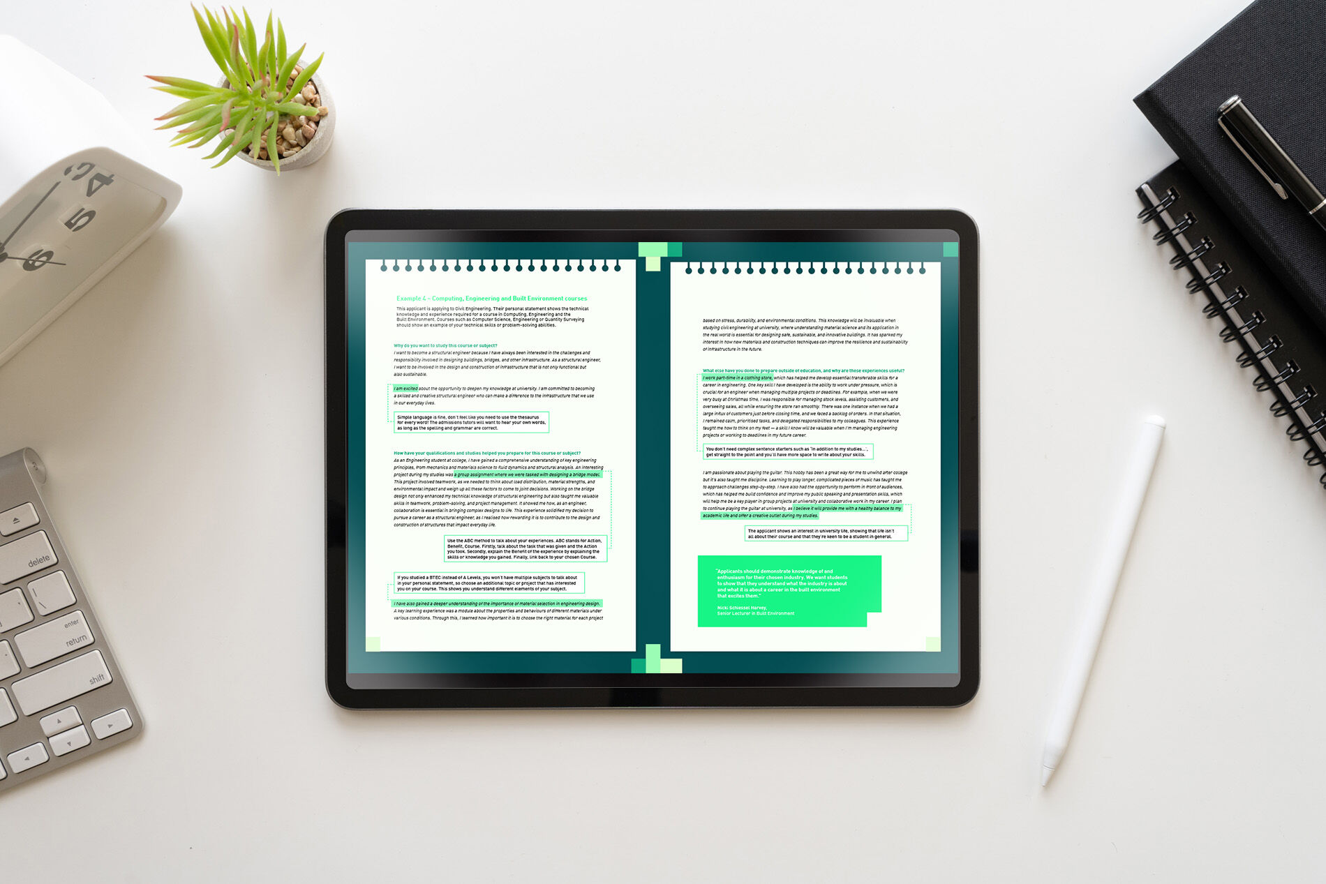 Tablet lies on a white table. The tablet shows BCU's personal statement guide. The personal statement guide shows an example personal statement that's annotated with notes and tips.