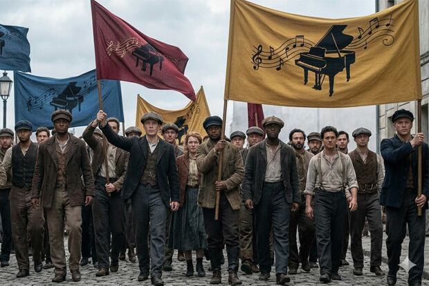 Protest march early 20th C. Protesters in flat caps and waistcoats carrying banners with pianos on.
