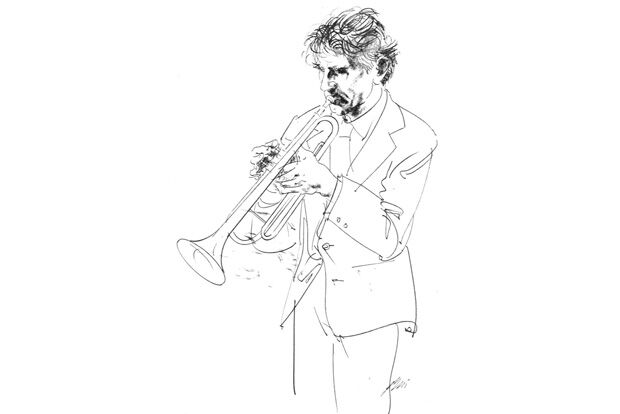 Line drawing of Philip Jones playing the trumpet